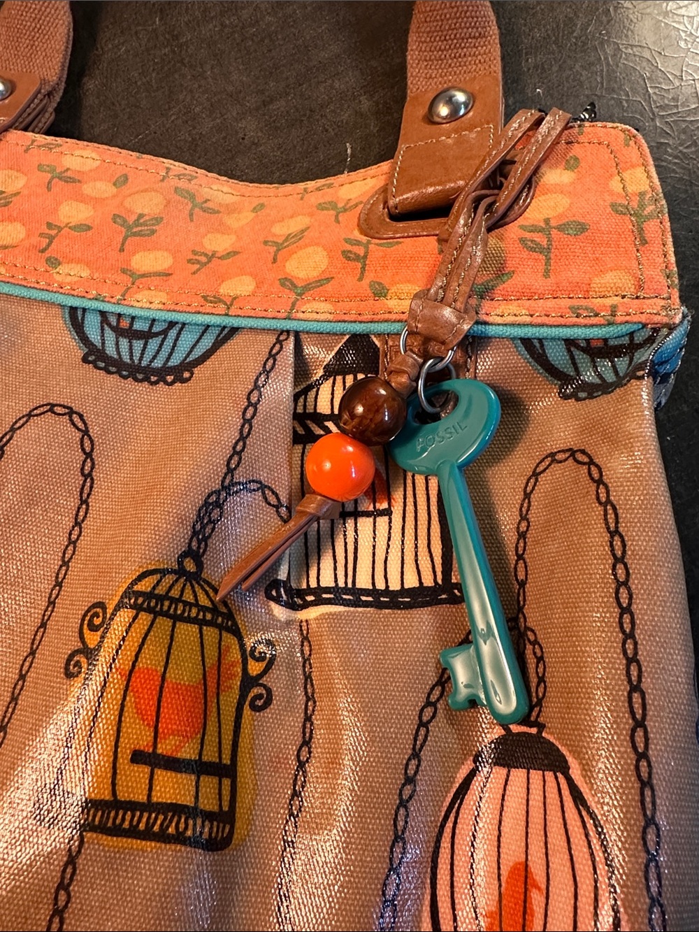 Fossil Printed Birdcage Bag in Tan and Orange - Picture 2 of 14